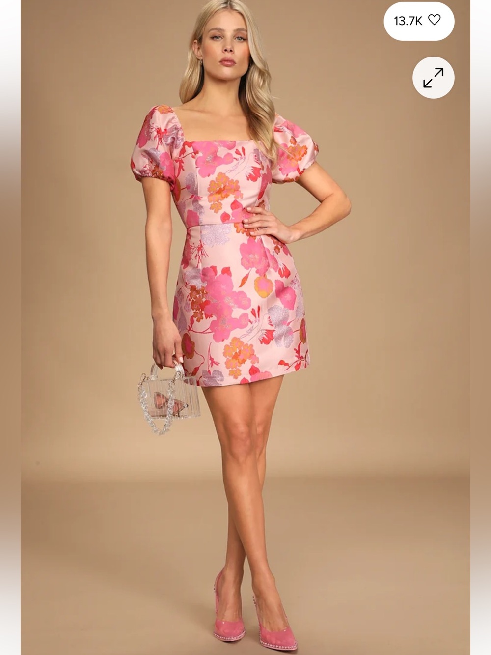 LULUS “So Stunning” Floral Jacquard Puff Sleeve Mini Dress